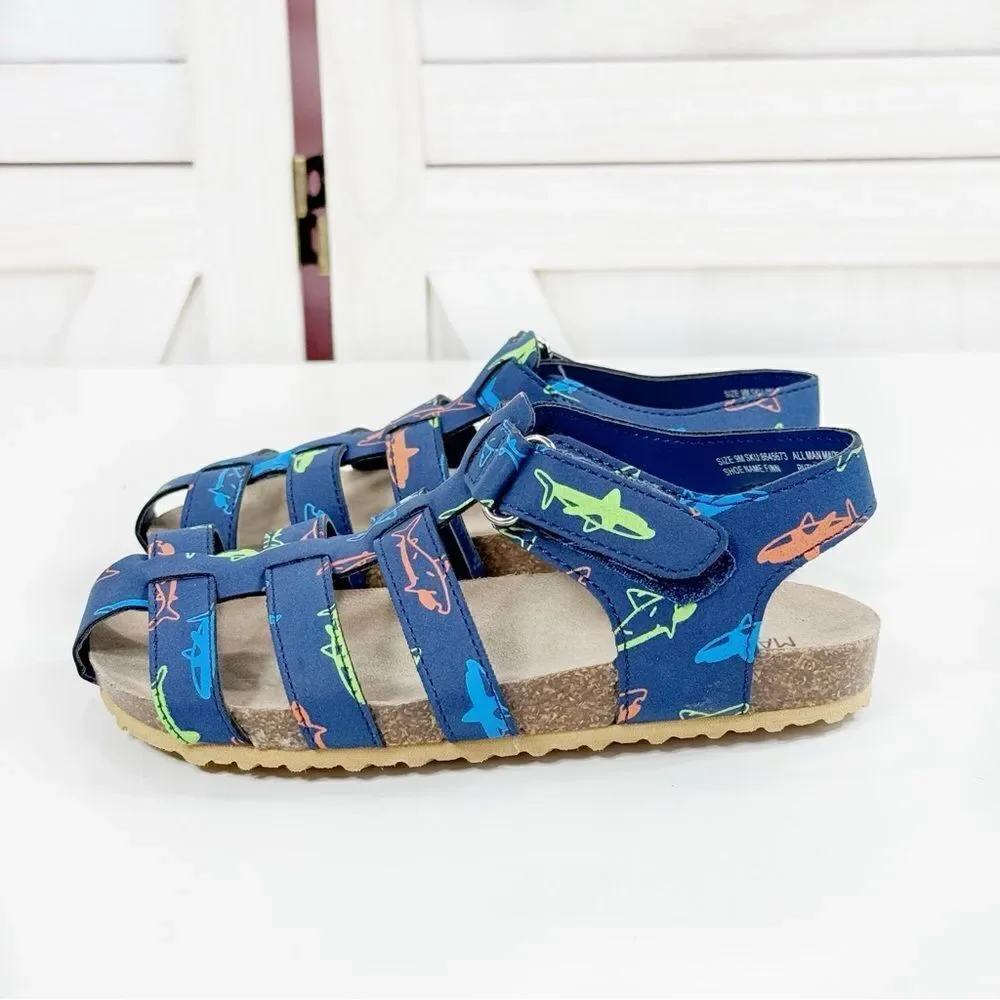 Max + Jake Finn Sharks Strappy Closed Toe Fisherman Sandals Blue Multi Toddler 9